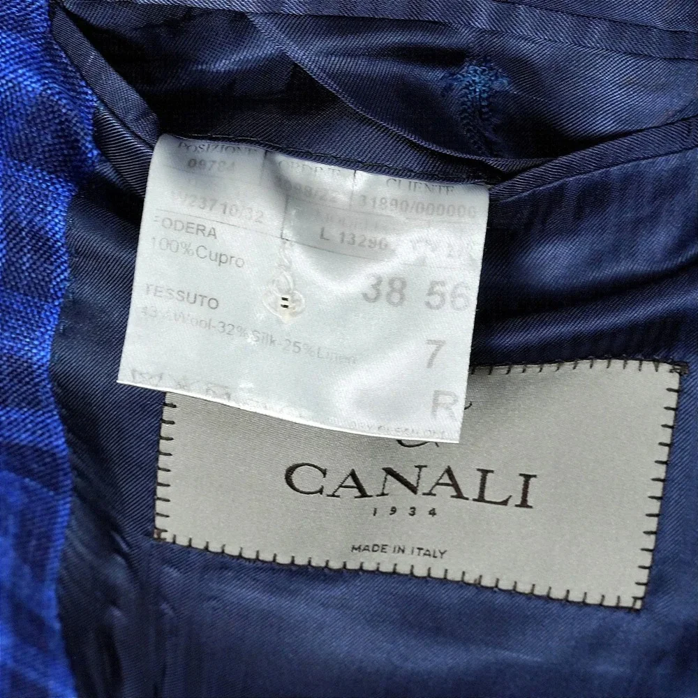 Canali Mens Blue Wool Silk Linen Check Blazer Sport Coat Made in Italy 46R US 56
